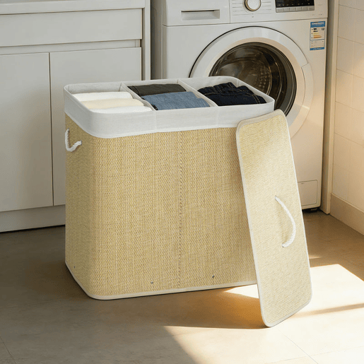 HOMCOM Cesto de Roupa Suja com Tampa 144L Cesto de Roupa Suja de Bambu com 3 Compartimentos, Bolsa Interior Removível e Lavável Pegas para Lavandaria Quarto 60x40x60 cm Creme