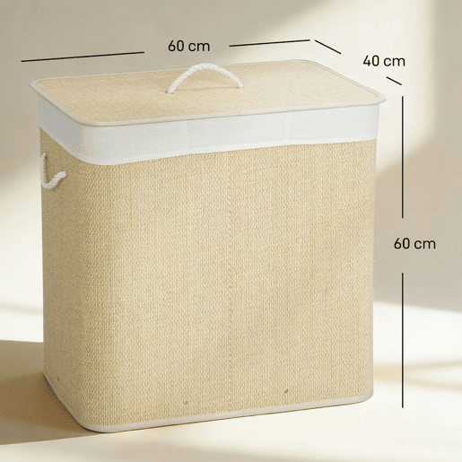 HOMCOM Cesto de Roupa Suja com Tampa 144L Cesto de Roupa Suja de Bambu com 3 Compartimentos, Bolsa Interior Removível e Lavável Pegas para Lavandaria Quarto 60x40x60 cm Creme