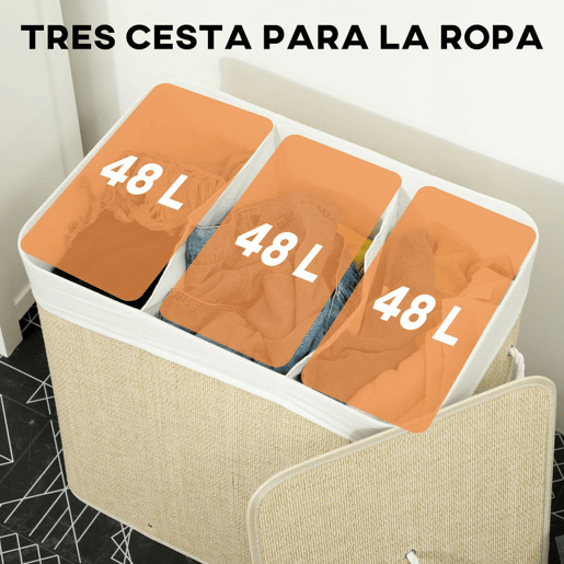 HOMCOM Cesto de Roupa Suja com Tampa 144L Cesto de Roupa Suja de Bambu com 3 Compartimentos, Bolsa Interior Removível e Lavável Pegas para Lavandaria Quarto 60x40x60 cm Creme