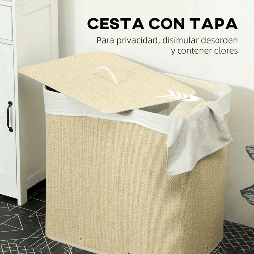 HOMCOM Cesto de Roupa Suja com Tampa 144L Cesto de Roupa Suja de Bambu com 3 Compartimentos, Bolsa Interior Removível e Lavável Pegas para Lavandaria Quarto 60x40x60 cm Creme