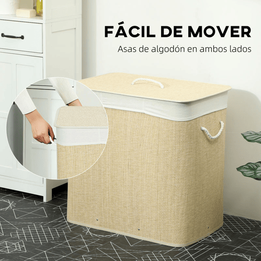 HOMCOM Cesto de Roupa Suja com Tampa 144L Cesto de Roupa Suja de Bambu com 3 Compartimentos, Bolsa Interior Removível e Lavável Pegas para Lavandaria Quarto 60x40x60 cm Creme