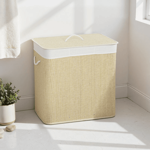 HOMCOM Cesto de Roupa Suja com Tampa 144L Cesto de Roupa Suja de Bambu com 3 Compartimentos, Bolsa Interior Removível e Lavável Pegas para Lavandaria Quarto 60x40x60 cm Creme