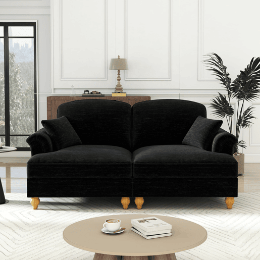 Sofá de 2 lugares - estilo mid-century, braços alargados, saia removível, pernas de madeira - Preto