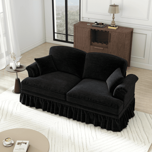 Sofá de 2 lugares - estilo mid-century, braços alargados, saia removível, pernas de madeira - Preto