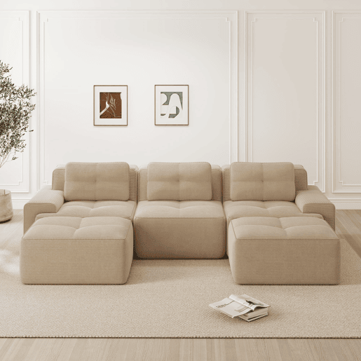 Sofá modular U 3 lugares - Cloud, com otomana, estofado em veludo cotelê, sem montagem - Bege