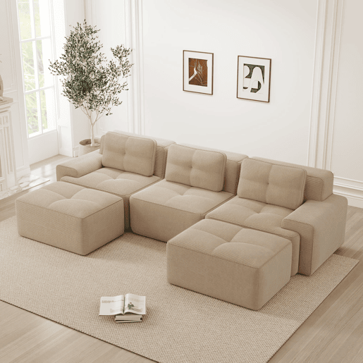 Sofá modular U 3 lugares - Cloud, com otomana, estofado em veludo cotelê, sem montagem - Bege