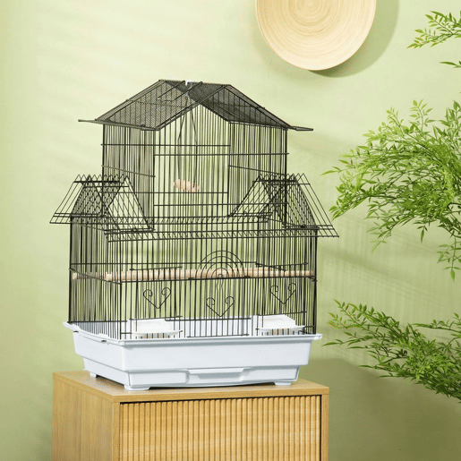 PawHut Gaiola para Pássaros de Aço com Comedouros Poleiros Baloiço e Bandeja Removível Gaiola Grande para Papagaios Canários e Periquitos 50,5x41x63 cm Branco