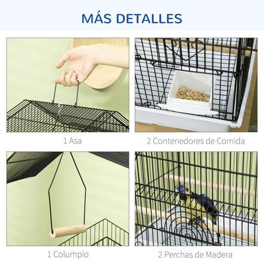 PawHut Gaiola para Pássaros de Aço com Comedouros Poleiros Baloiço e Bandeja Removível Gaiola Grande para Papagaios Canários e Periquitos 50,5x41x63 cm Branco