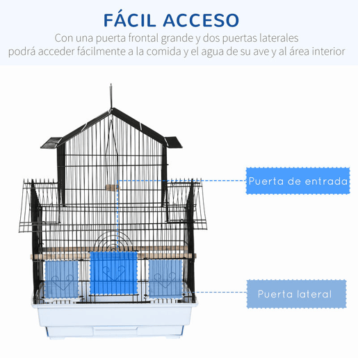 PawHut Gaiola para Pássaros de Aço com Comedouros Poleiros Baloiço e Bandeja Removível Gaiola Grande para Papagaios Canários e Periquitos 50,5x41x63 cm Branco