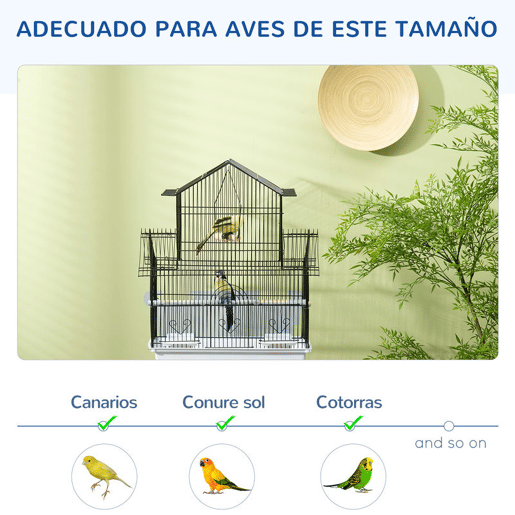 PawHut Gaiola para Pássaros de Aço com Comedouros Poleiros Baloiço e Bandeja Removível Gaiola Grande para Papagaios Canários e Periquitos 50,5x41x63 cm Branco