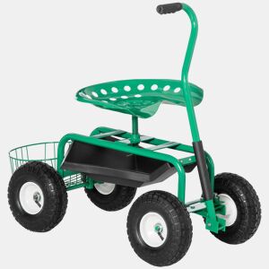 Outsunny Banco de Jardim com Rodas Banco de Jardinagem Giratório e Ajustável em Altura Rodas Pneumáticas Bandeja para Ferramentas e Cesta Capacidade de Carga 150 kg para Exterior Verde