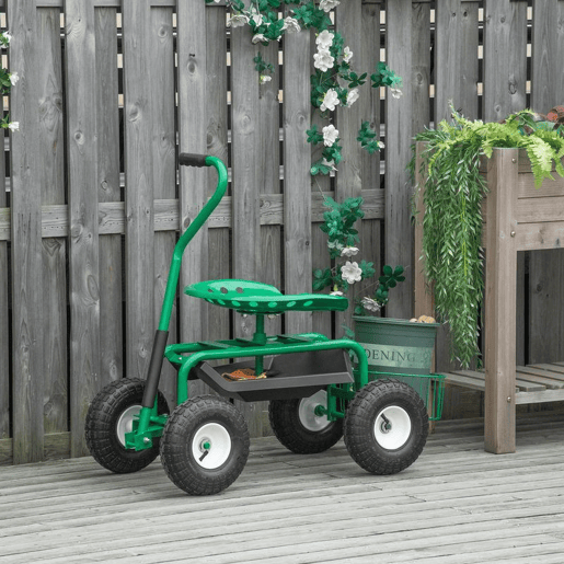 Outsunny Banco de Jardim com Rodas Banco de Jardinagem Giratório e Ajustável em Altura Rodas Pneumáticas Bandeja para Ferramentas e Cesta Capacidade de Carga 150 kg para Exterior Verde