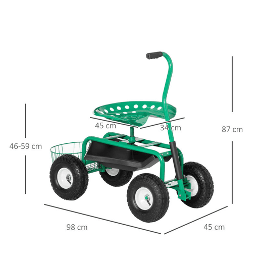 Outsunny Banco de Jardim com Rodas Banco de Jardinagem Giratório e Ajustável em Altura Rodas Pneumáticas Bandeja para Ferramentas e Cesta Capacidade de Carga 150 kg para Exterior Verde