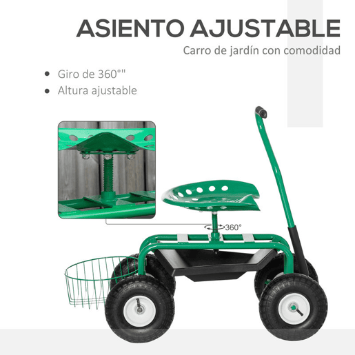 Outsunny Banco de Jardim com Rodas Banco de Jardinagem Giratório e Ajustável em Altura Rodas Pneumáticas Bandeja para Ferramentas e Cesta Capacidade de Carga 150 kg para Exterior Verde