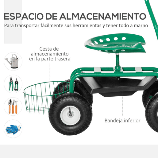 Outsunny Banco de Jardim com Rodas Banco de Jardinagem Giratório e Ajustável em Altura Rodas Pneumáticas Bandeja para Ferramentas e Cesta Capacidade de Carga 150 kg para Exterior Verde