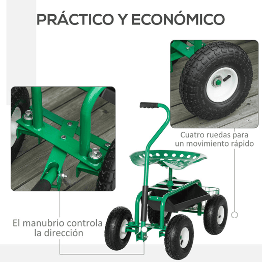 Outsunny Banco de Jardim com Rodas Banco de Jardinagem Giratório e Ajustável em Altura Rodas Pneumáticas Bandeja para Ferramentas e Cesta Capacidade de Carga 150 kg para Exterior Verde