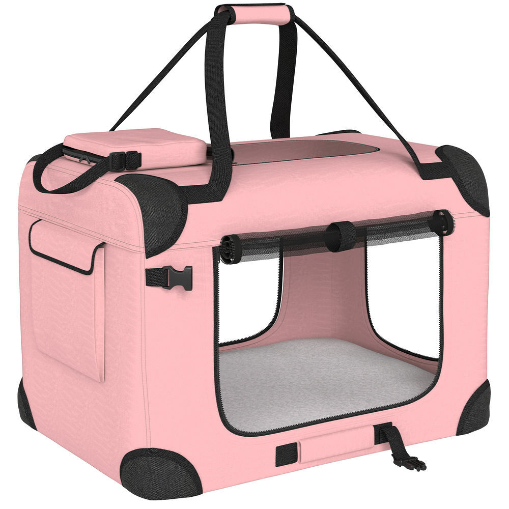 Pawhut transportín para perros y gatos plegable, 60x41,5x41 cm, transportín para mascotas con ventanas de malla, cojín suave y 2 asas, bolsa de transporte para mini perros, rosa