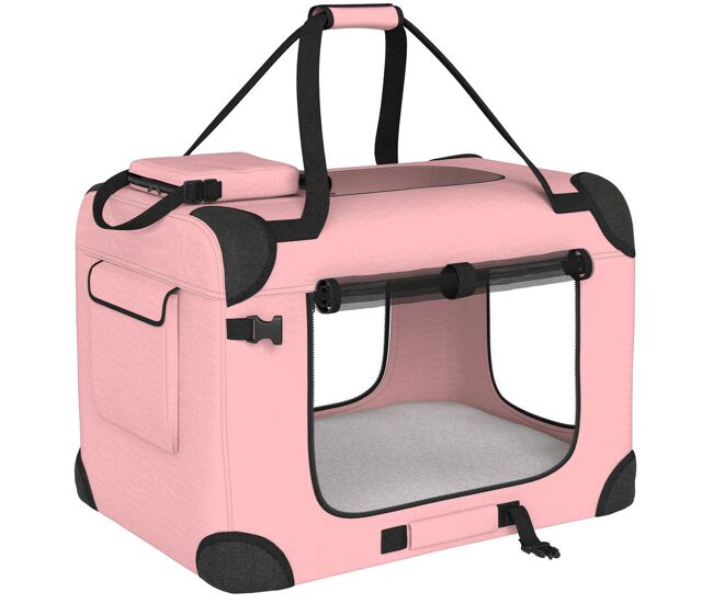 Pawhut transportín para perros y gatos plegable, 60x41,5x41 cm, transportín para mascotas con ventanas de malla, cojín suave y 2 asas, bolsa de transporte para mini perros, rosa