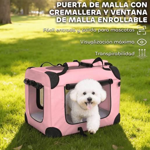 PawHut Transportadora para Cães Dobrável, 60x41,5x41 cm, Transportadora para Animais de Estimação com Janelas de Rede, Almofada Macia e 2 Pegas, Bolsa de Transporte para Cães Pequenos, Gatos, Cor-de-Rosa