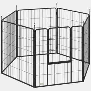 PawHut Parque para Cães com 6 Painéis de 100 cm de Altura Vedação Dobrável em Aço com Porta para Interior e Exterior Preto