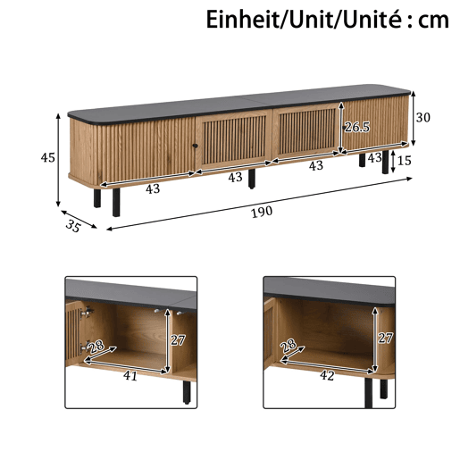 Móvel de TV 190x35x45 cm - Duas portas de correr, duas portas de grade, design exclusivo - Carvalho