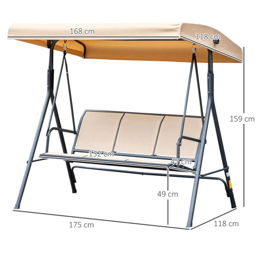 Outsunny Baloiço de Jardim Exterior de 3 Lugares com Toldo Reclinável Baloiço de Jardim com Assento Respirável e Estrutura de Aço para Terraço ou Varanda 175x118x159 cm Bege