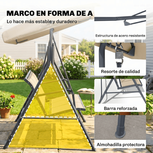 Outsunny Baloiço de Jardim Exterior de 3 Lugares com Toldo Reclinável Baloiço de Jardim com Assento Respirável e Estrutura de Aço para Terraço ou Varanda 175x118x159 cm Bege