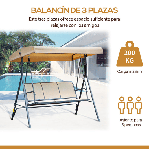 Outsunny Baloiço de Jardim Exterior de 3 Lugares com Toldo Reclinável Baloiço de Jardim com Assento Respirável e Estrutura de Aço para Terraço ou Varanda 175x118x159 cm Bege