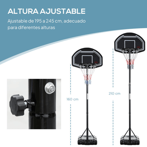 HOMCOM Tabela de Basquetebol para Exterior Altura Ajustável 160-210 cm Tabela Portátil com P Rodas e Base Preenchível com Compartimento para Adolescentes e Adultos