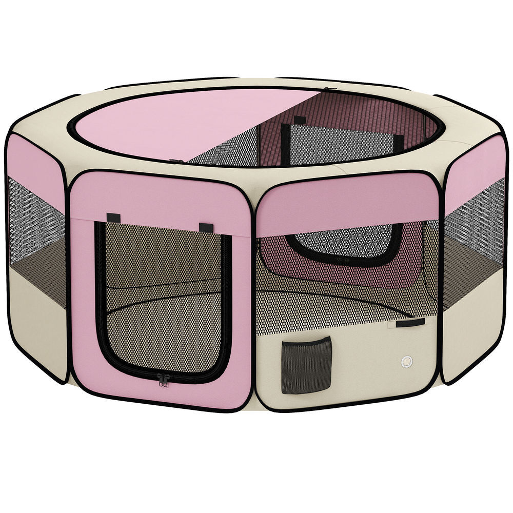 Pawhut parque plegable para perros y gatos, corralito portátil para animales pequeños impermeable de tela oxford con 2 puertas, para exterior e interior, ø120x58 cm, rosa