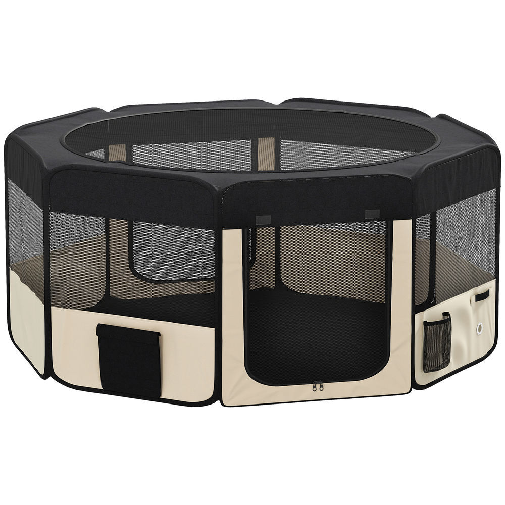 Pawhut parque plegable para perros y gatos, corralito portátil para animales pequeños impermeable de tela oxford con 2 puertas, para exterior e interior, ø90x41 cm, negro