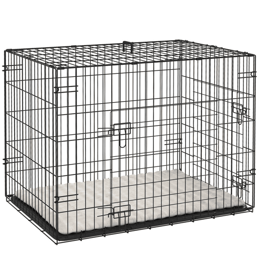PawHut Gaiola Dobrável para Cães Pequenos com Almofada 2 Portas Bandeja Removível e Estrutura Metálica 75x48,5x53 cm Preto e Bege