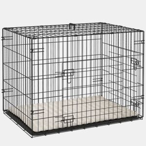 PawHut Gaiola Dobrável para Cães Pequenos com Almofada 2 Portas Bandeja Removível e Estrutura Metálica 75x48,5x53 cm Preto e Bege
