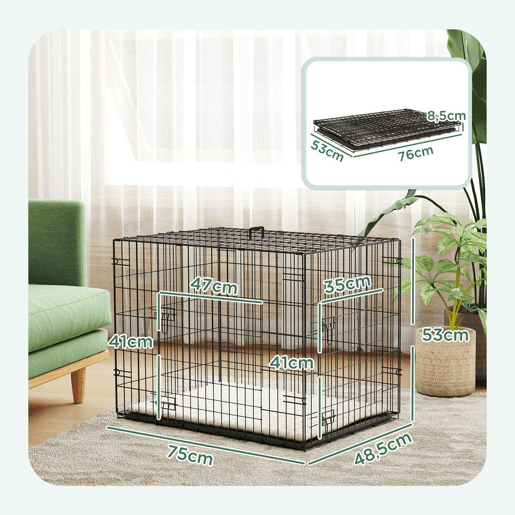 PawHut Gaiola Dobrável para Cães Pequenos com Almofada 2 Portas Bandeja Removível e Estrutura Metálica 75x48,5x53 cm Preto e Bege