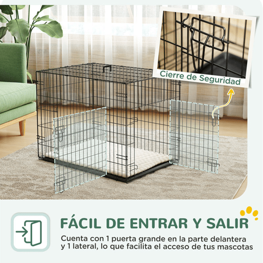 PawHut Gaiola Dobrável para Cães Pequenos com Almofada 2 Portas Bandeja Removível e Estrutura Metálica 75x48,5x53 cm Preto e Bege