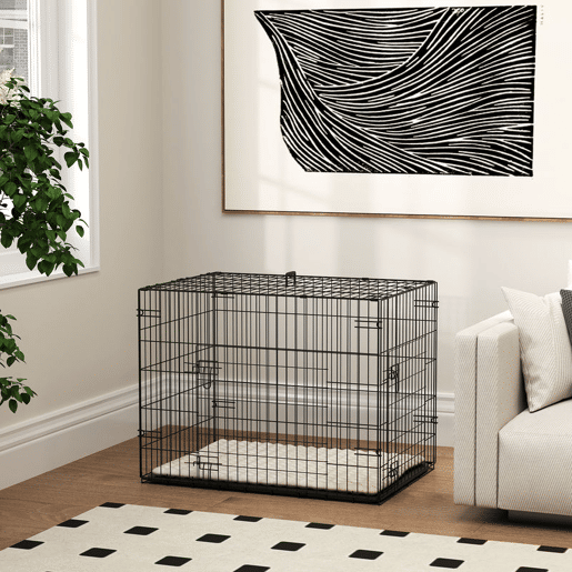 PawHut Gaiola Dobrável para Cães Pequenos com Almofada 2 Portas Bandeja Removível e Estrutura Metálica 75x48,5x53 cm Preto e Bege