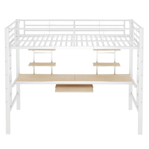 Cama alta 90x200 cm - Metal com secretária e 2 estantes para crianças e adultos - Branco