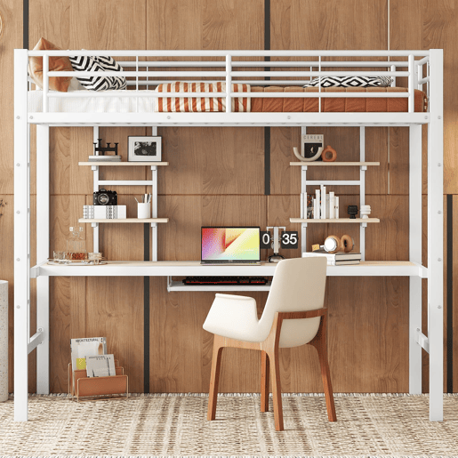 Cama alta 90x200 cm - Metal com secretária e 2 estantes para crianças e adultos - Branco