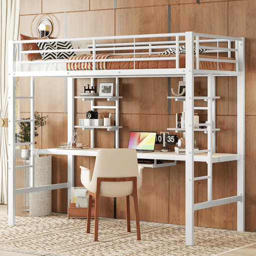 Cama alta 90x200 cm - Metal com secretária e 2 estantes para crianças e adultos - Branco