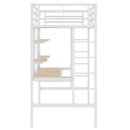 Cama alta 90x200 cm - Metal com secretária e 2 estantes para crianças e adultos - Branco