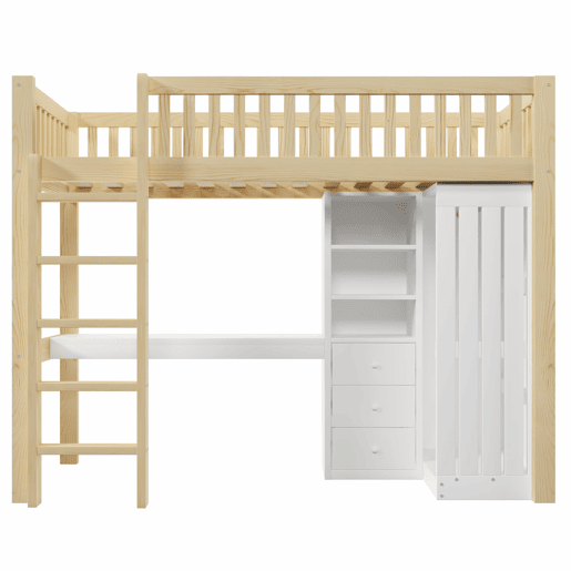 Cama alta 90x200 cm - Secretária, armário, 3 gavetas, estante, grade, escada - Natural