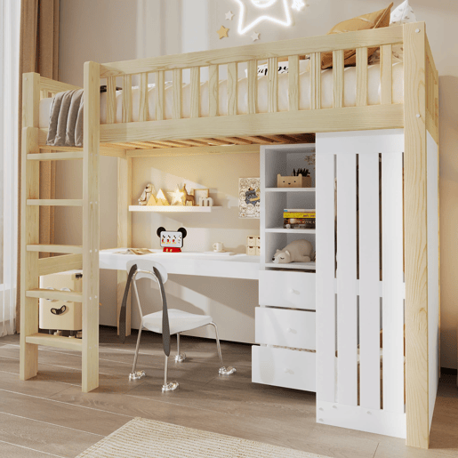 Cama alta 90x200 cm - Secretária, armário, 3 gavetas, estante, grade, escada - Natural
