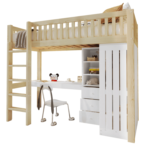 Cama alta 90x200 cm - Secretária, armário, 3 gavetas, estante, grade, escada - Natural