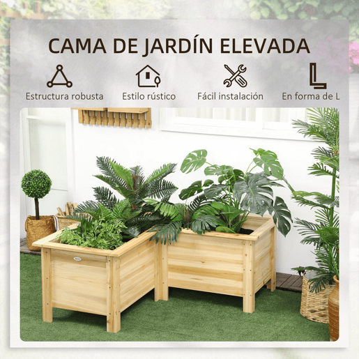 Outsunny Floreira Elevada de Madeira Floreira Exterior em Forma de L com Forro Não Tecido Horta Urbana para Cultivo de Plantas e Flores Jardim ou Terraço, 120x120x50 cm Madeira