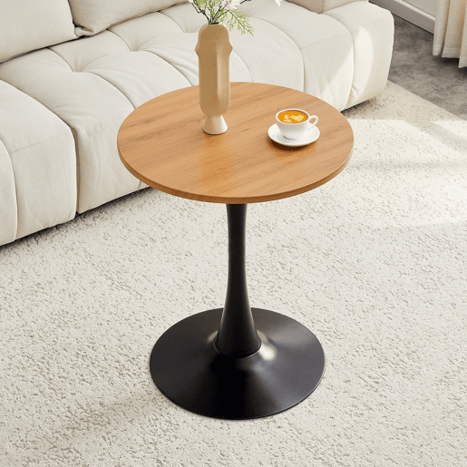 Mesa auxiliar redonda 60 cm - MDF com acabamento em madeira, termoformada, pé preto - PretoMadeira