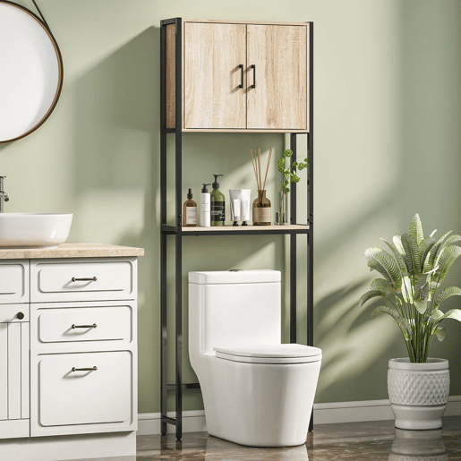 kleankin Móvel sobre Sanita Organizador sobre WC com 2 Portas Prateleira Ajustável Prateleira Aberta Estante de Casa de Banho sobre WC para Espaço Pequeno 64x19x178 cm Madeira