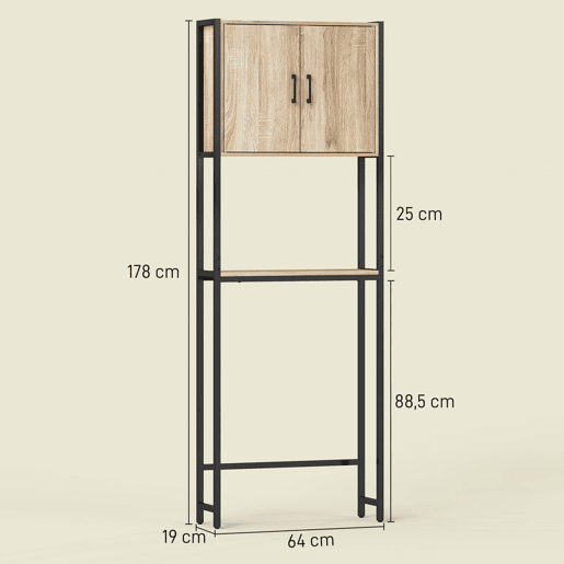 kleankin Móvel sobre Sanita Organizador sobre WC com 2 Portas Prateleira Ajustável Prateleira Aberta Estante de Casa de Banho sobre WC para Espaço Pequeno 64x19x178 cm Madeira