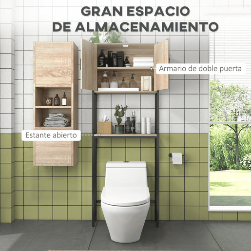 kleankin Móvel sobre Sanita Organizador sobre WC com 2 Portas Prateleira Ajustável Prateleira Aberta Estante de Casa de Banho sobre WC para Espaço Pequeno 64x19x178 cm Madeira