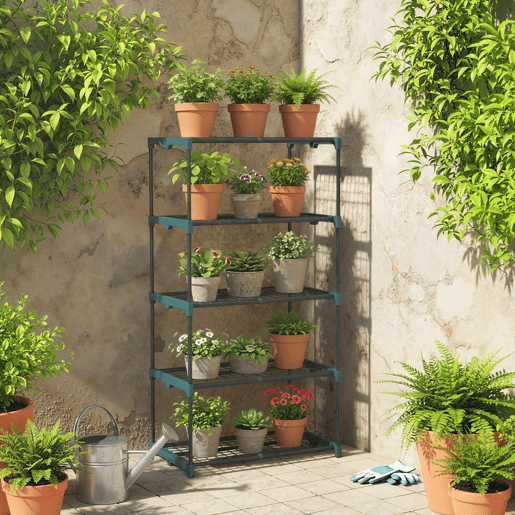 Outsunny Suporte para Plantas de 5 Níveis Estante de Aço com Prateleiras de Rede Interior e Exterior, 67x49x138 cm Verde Escuro