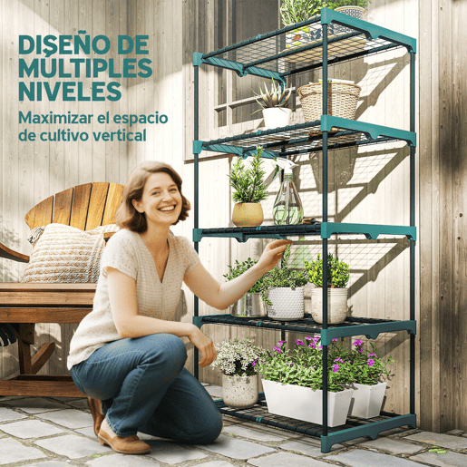 Outsunny Suporte para Plantas de 5 Níveis Estante de Aço com Prateleiras de Rede Interior e Exterior, 67x49x138 cm Verde Escuro